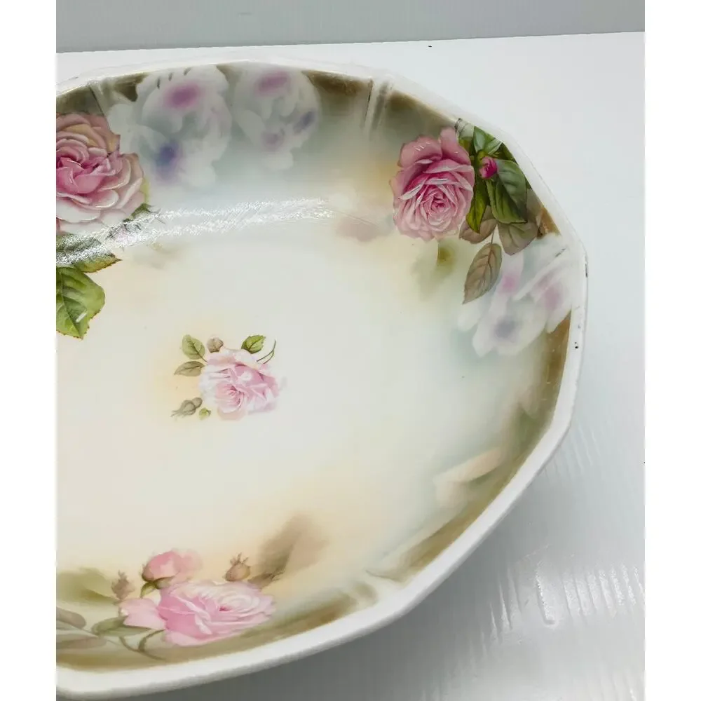 Antique Porcelain Serving Bowl Pink White Roses Scalloped Hand Painted